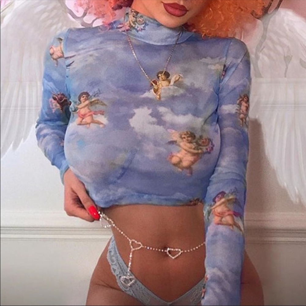 Sheer Blue Angel Renaissance Mock Neck Top Medium